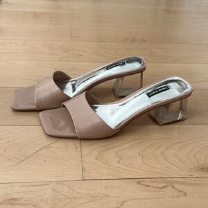 Nine West Nude Patent Slide Mules with Clear Block Heel
